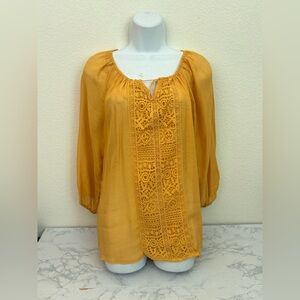 South Main Size M Boho Chic embroidered Festival Folk Bell Sleeve Yellow Top